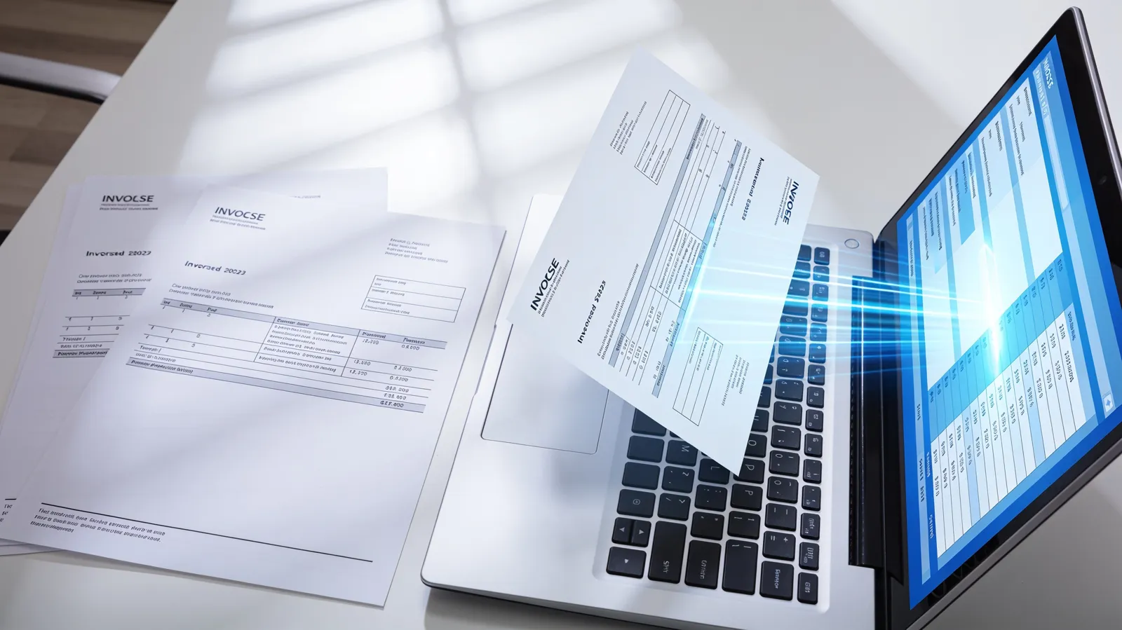 Paper invoices being converted into structured digital data by AI document processing