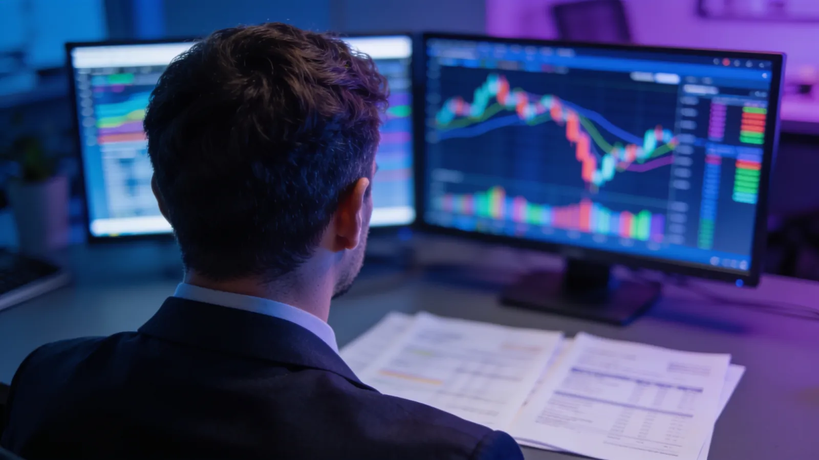 Financial analyst reviewing automated reconciliation dashboards in a fintech office