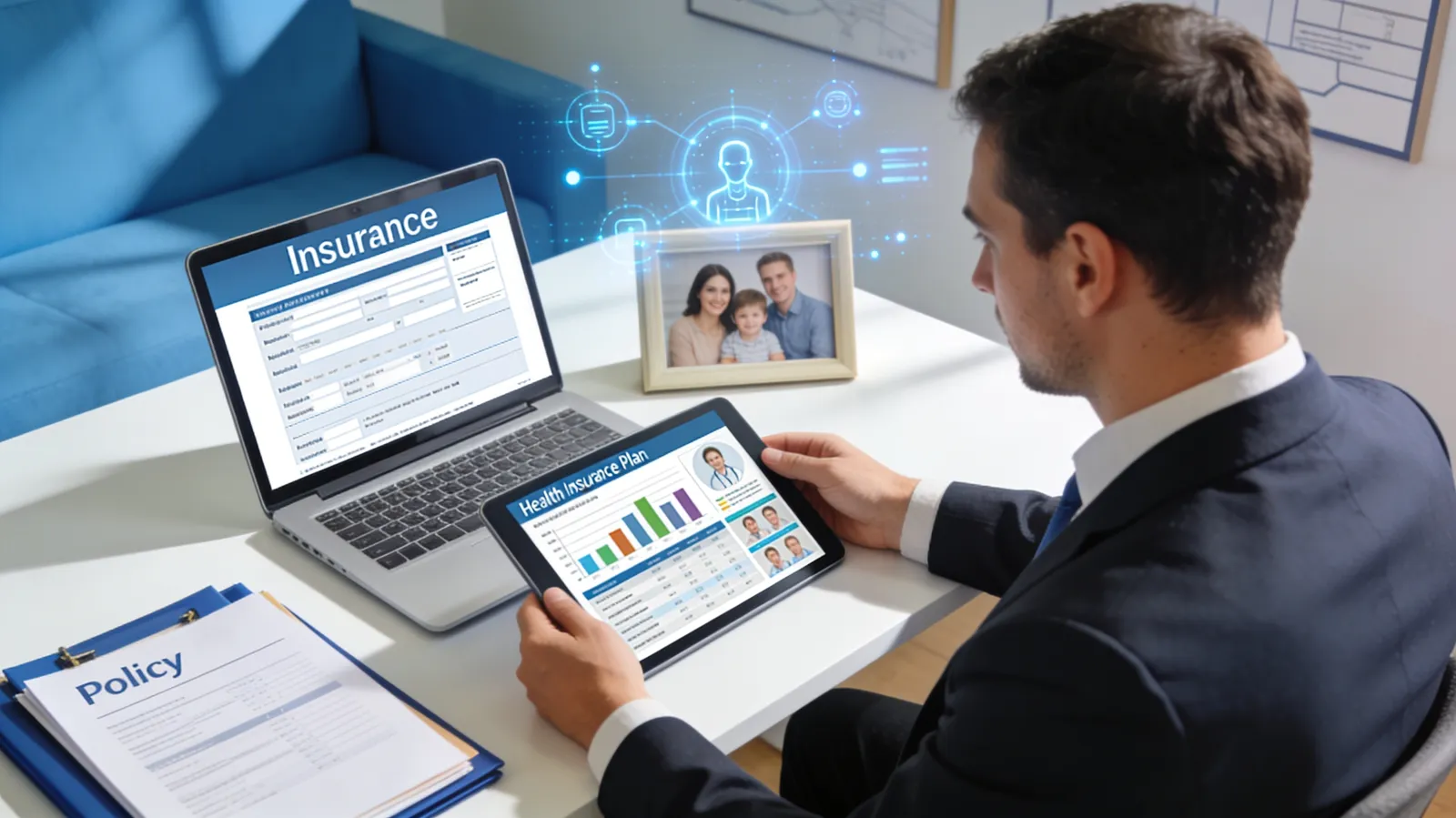 Insurance professional reviewing a digital application and plan comparison