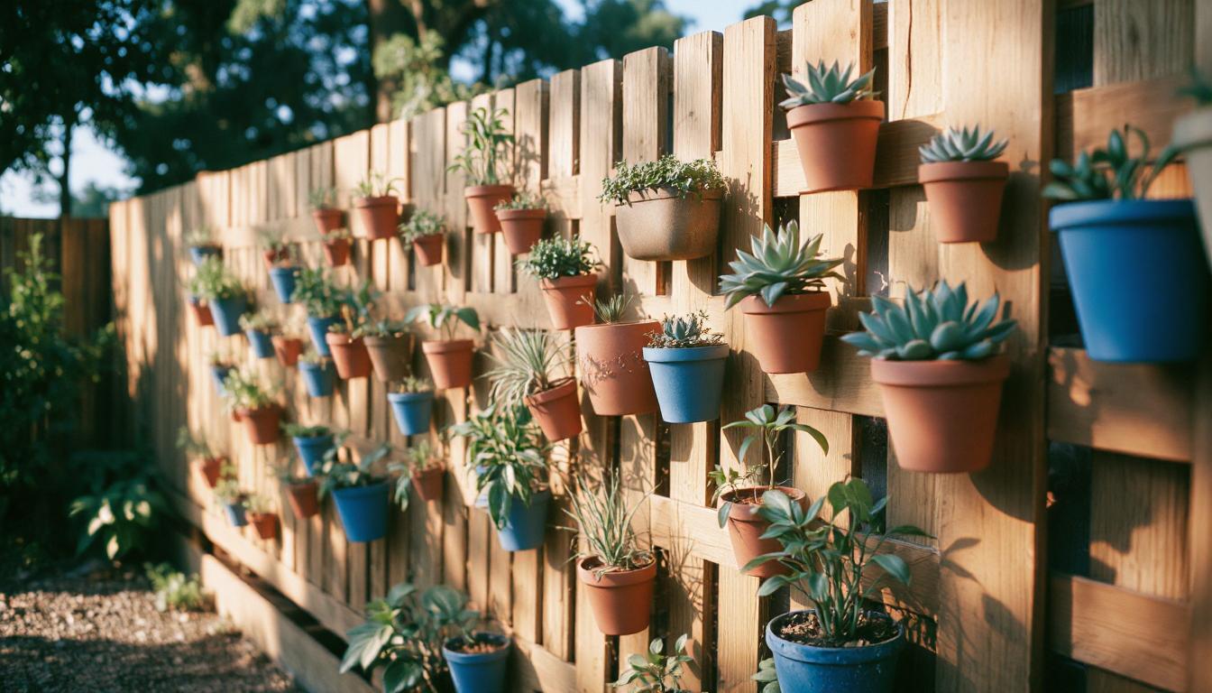 Australian backyard with various DIY landscaping features including raised garden beds, pallet furniture, a vertical garden, and solar lighting.