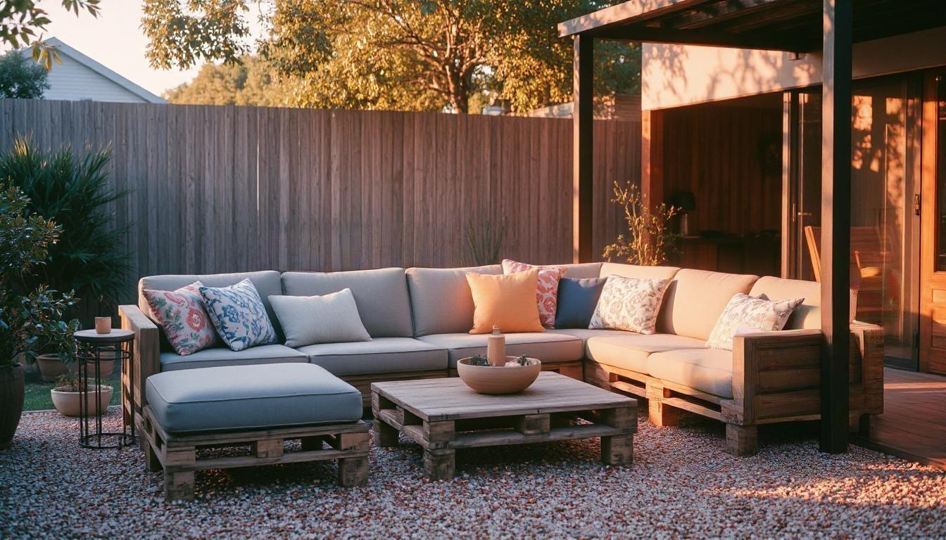 Australian backyard with various DIY landscaping features including raised garden beds, pallet furniture, a vertical garden, and solar lighting.