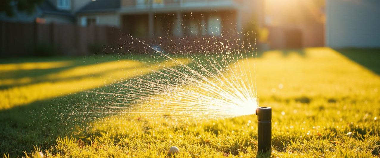 Green New Zealand lawn being watered with a sprinkler during dry summer weather, surrounded by native plants and a tidy residential garden