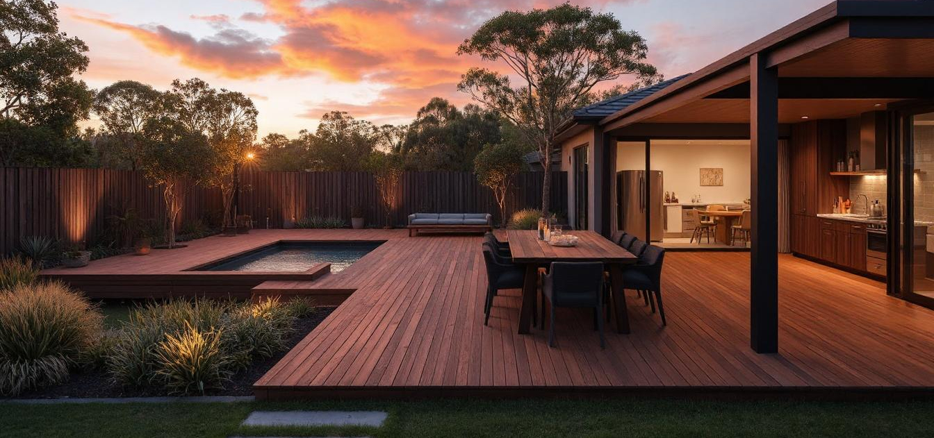 Stylish Australian backyard with an alfresco dining area, outdoor kitchen, and shade pergola