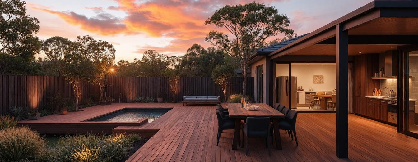 Stylish Australian backyard with an alfresco dining area, outdoor kitchen, and shade pergola