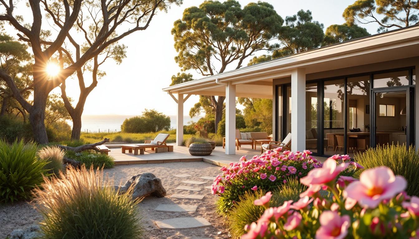 Australian coastal garden with salt-tolerant plants, sandy path, and beach-inspired design