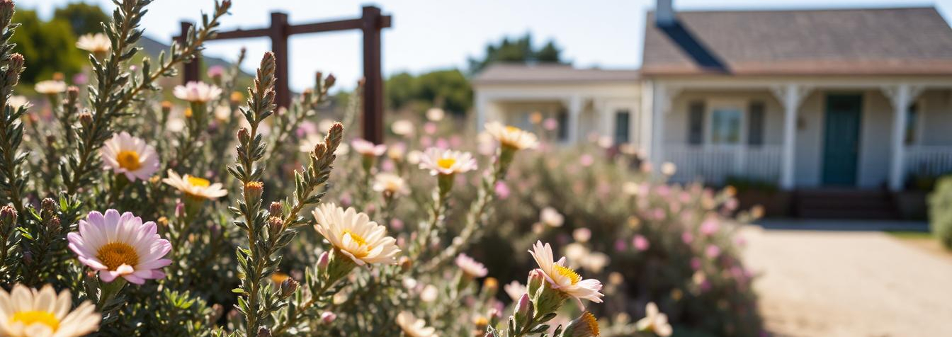 Australian coastal garden with salt-tolerant plants, sandy path, and beach-inspired design