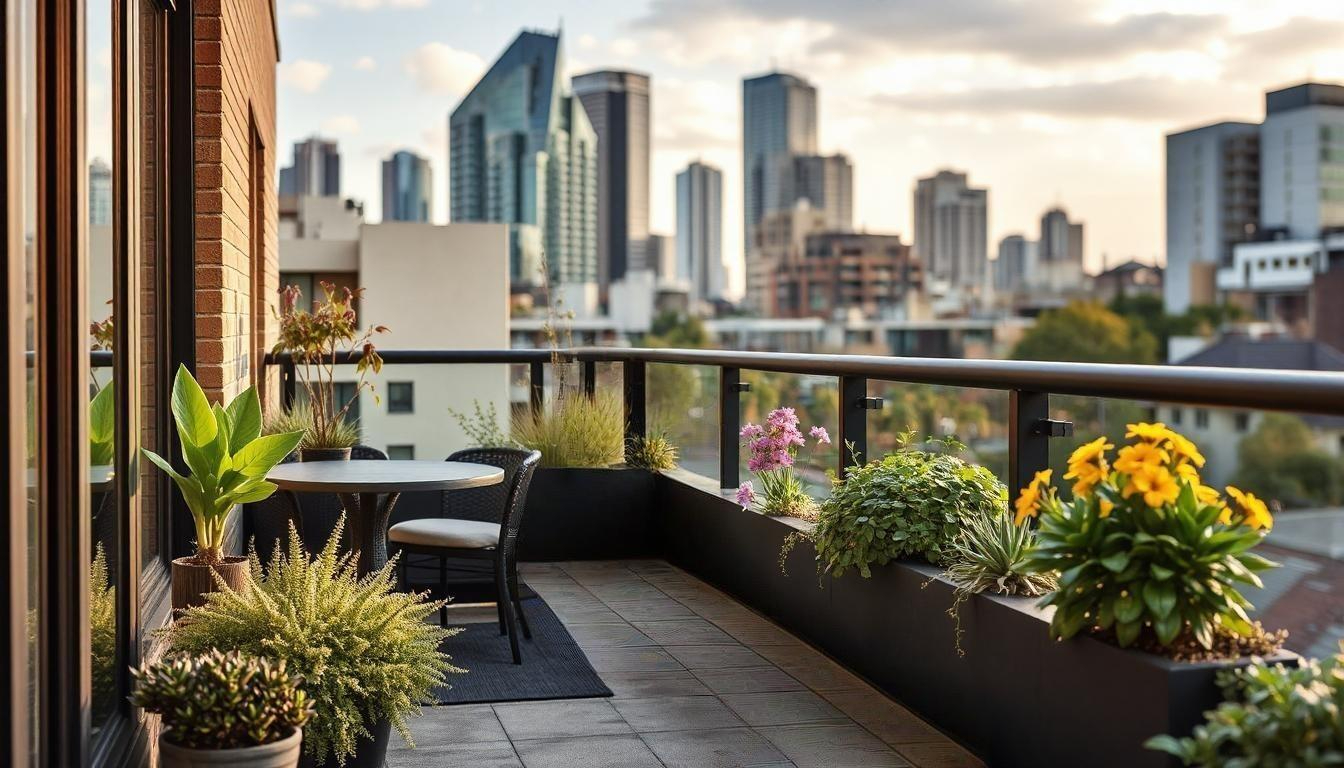 A Sydney apartment balcony garden with potted plants, flowers, and herbs creating a lush urban oasis.