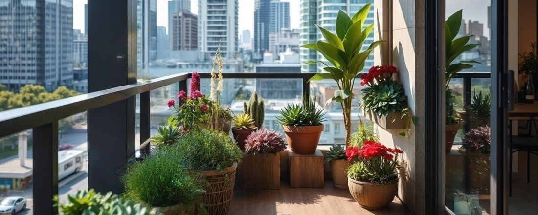 A Sydney apartment balcony garden with potted plants, flowers, and herbs creating a lush urban oasis.