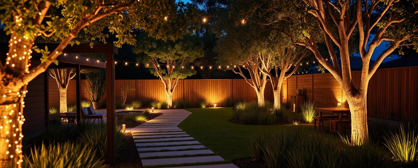 Garden at night with softly lit trees, pathways, and a cosy seating area illuminated by warm lights