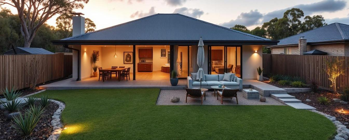 Australian fire-resistant garden with native plants, gravel paths, and stone landscaping