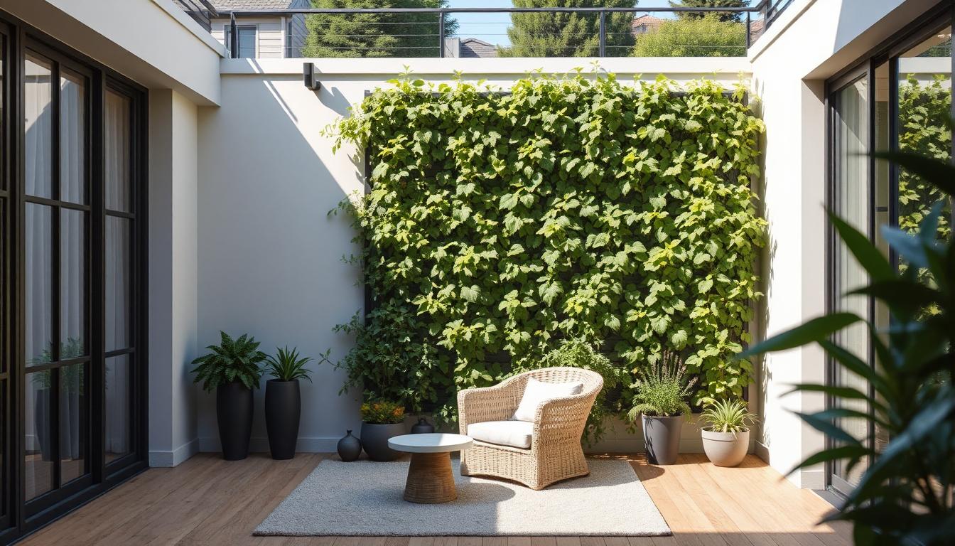 Modern Australian apartment balcony with vertical garden wall featuring hanging planters and native greenery