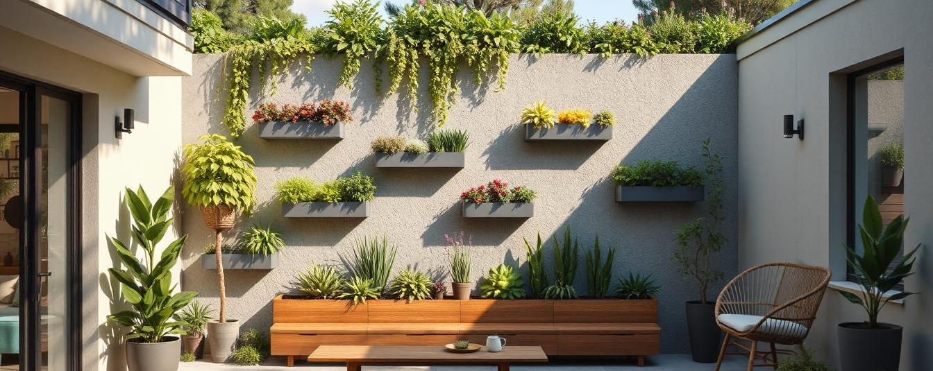 Modern Australian apartment balcony with vertical garden wall featuring hanging planters and native greenery