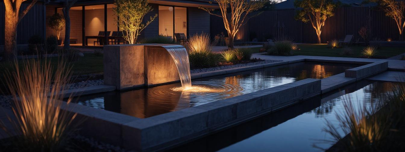 Backyard garden with a small flowing fountain, surrounded by greenery and soft evening lighting
