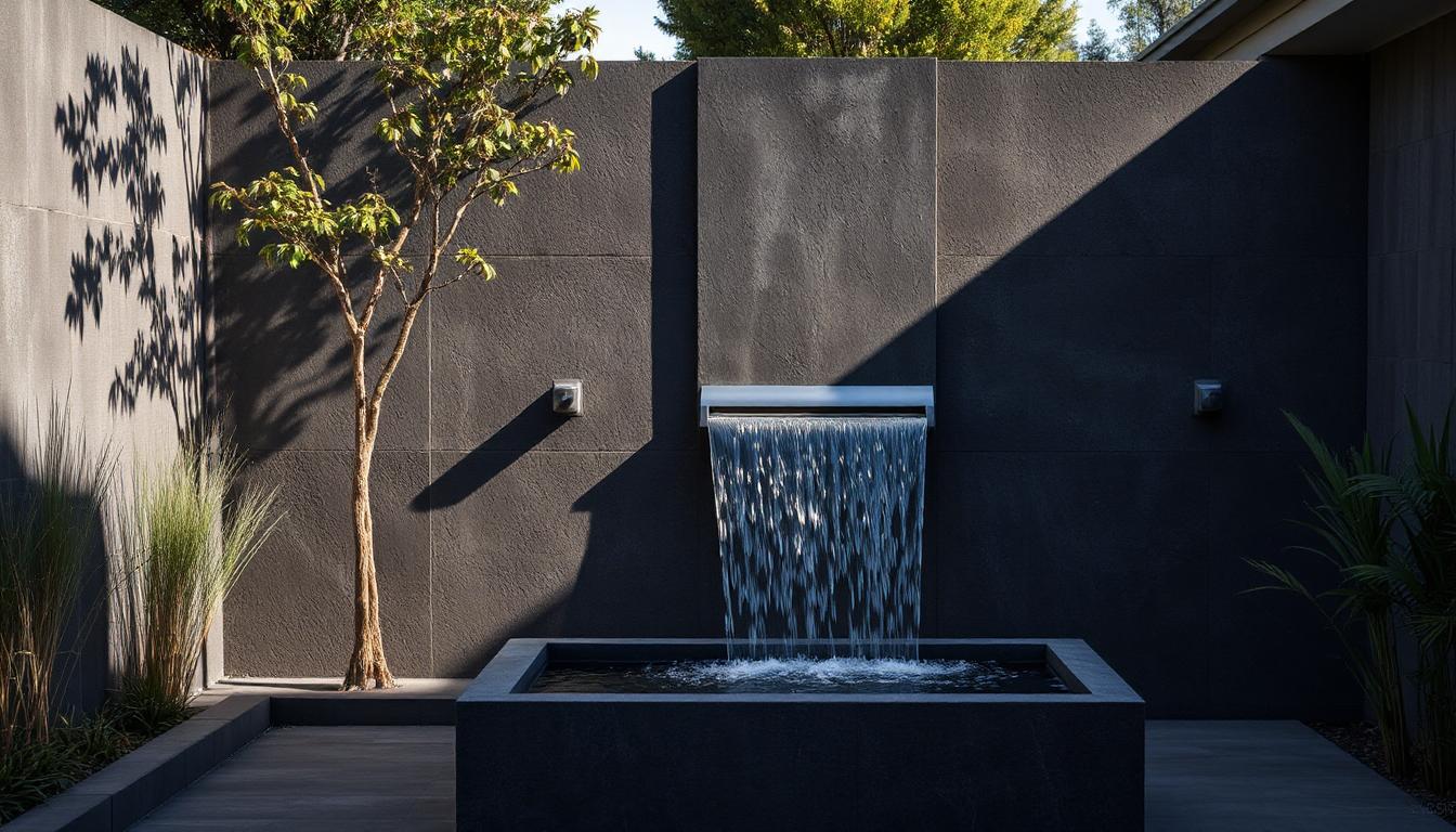 Backyard garden with a small flowing fountain, surrounded by greenery and soft evening lighting