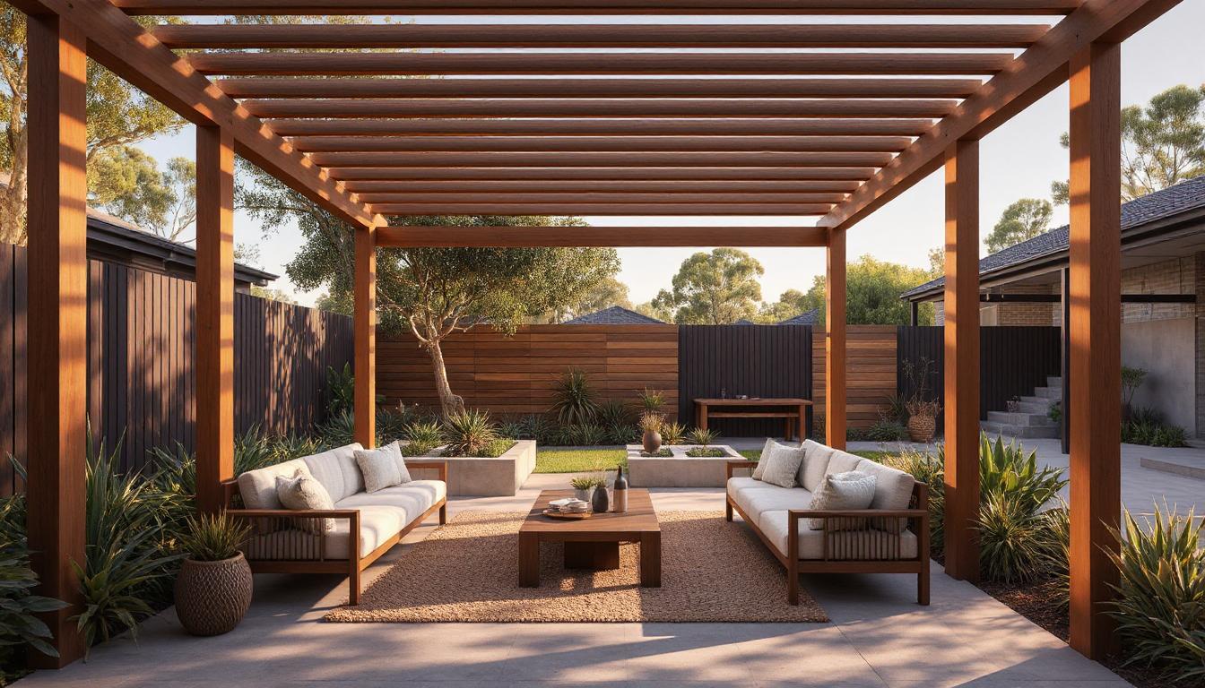 A modern Australian garden featuring a shaded patio with pergola and greenery.
