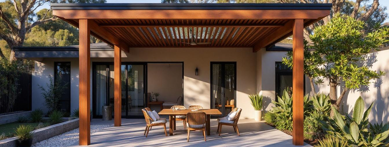 A modern Australian garden featuring a shaded patio with pergola and greenery.