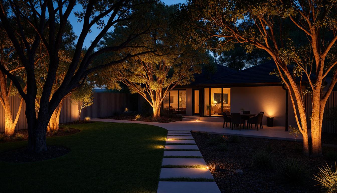 Australian garden entertainment area at dusk with lighting creating a warm, inviting atmosphere.