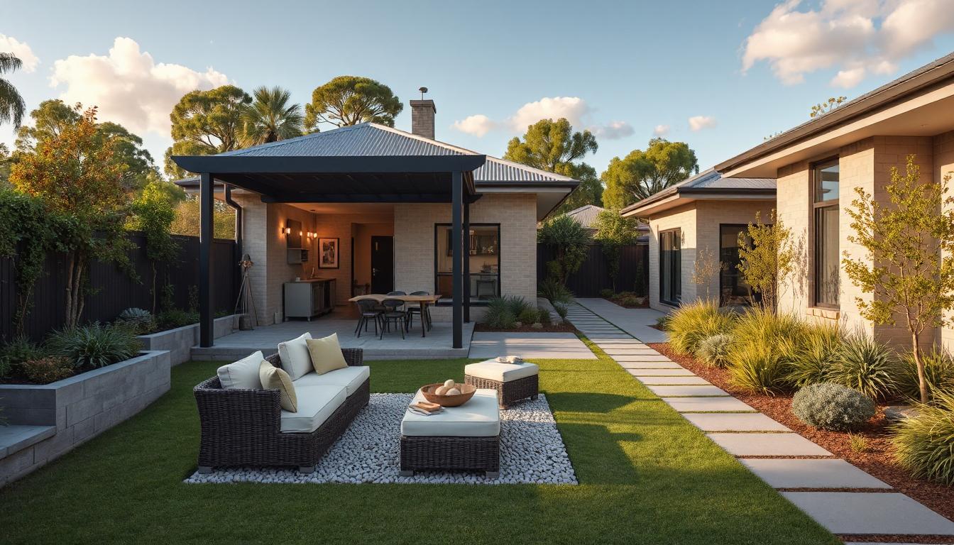 Modern Australian home with a well-designed front garden featuring low-maintenance native plants, clean paths, mulched beds, outdoor seating, and bright landscaping showcasing a property with increased value.
