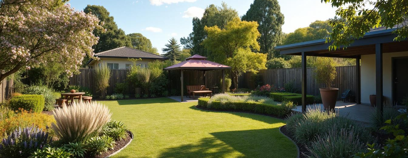 Melbourne backyard garden showing diverse plants thriving in sunlight and shade, with mulch, healthy soil, and seasonal care features, illustrating year-round gardening success.