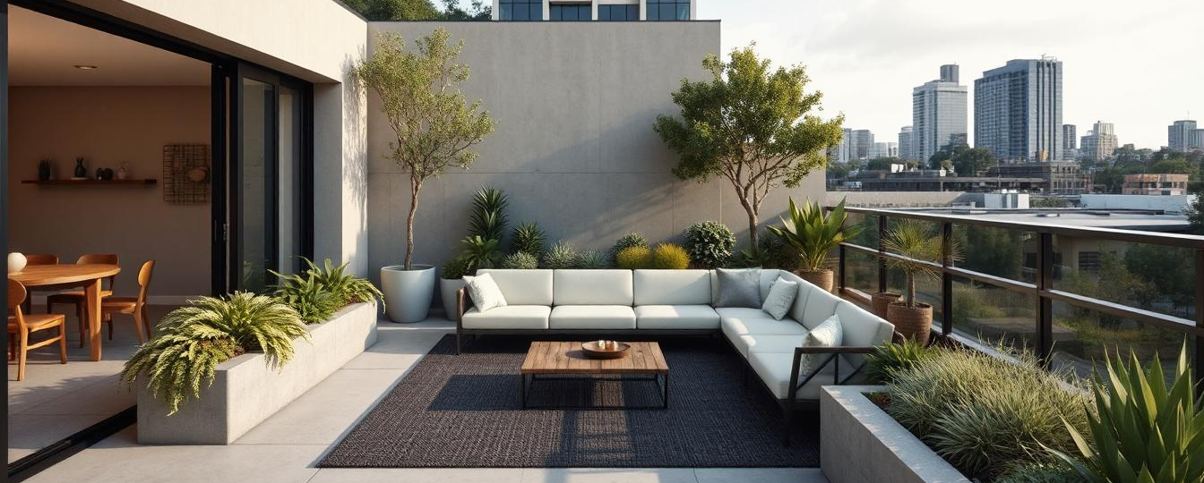 Sydney rooftop garden with potted plants, vertical greenery, and small seating area, city skyline in background
