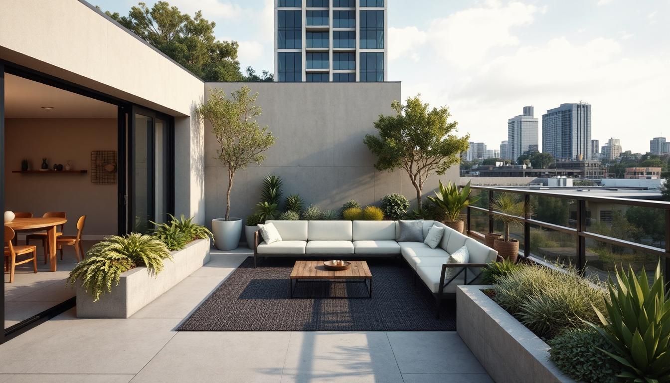 Sydney rooftop garden with potted plants, vertical greenery, and small seating area, city skyline in background