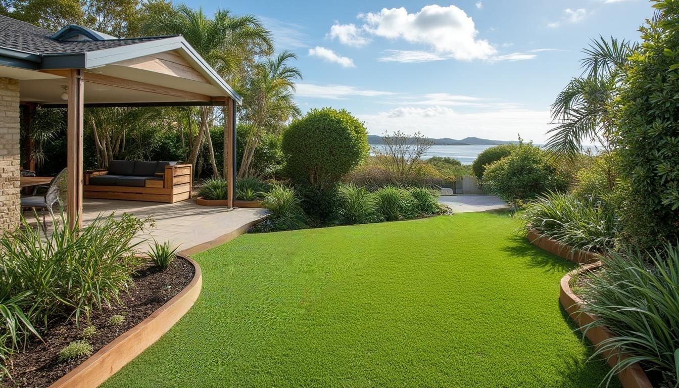 Coastal landscaping design with salt-tolerant plants and outdoor seating in a Sunshine Coast garden