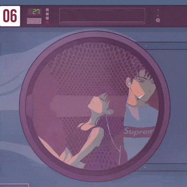 anime animation of a girl and boy reflection on a washing machine