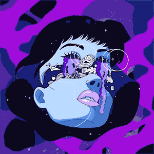 animation of a cyborg girl head floating in space