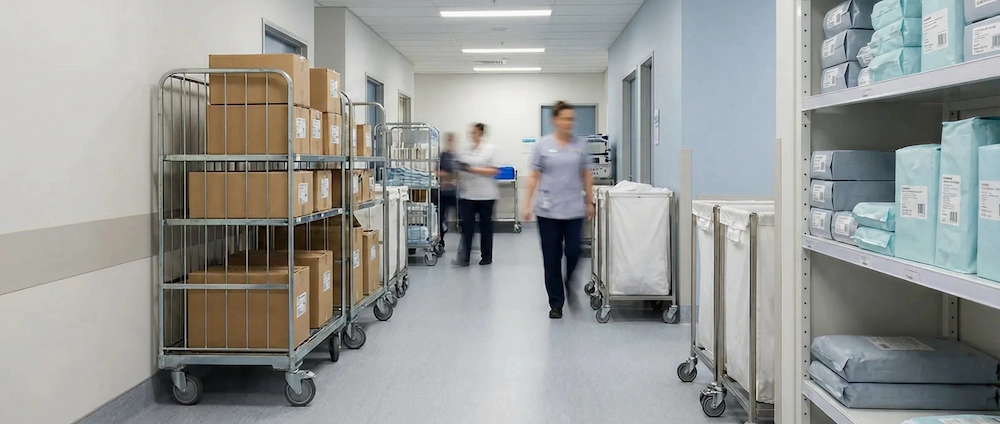 Hospital corridor with staff moving and carts holding medical supplies and boxes.