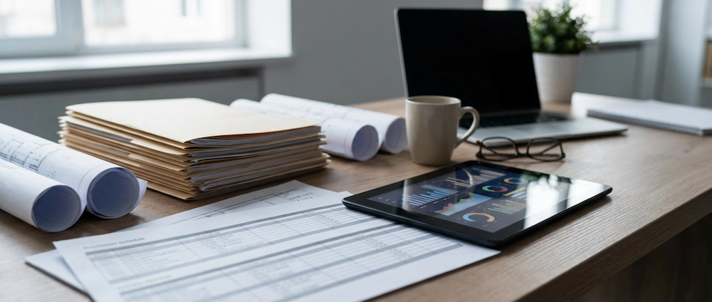 Office desk with stacked folders, rolled architectural plans, a tablet displaying charts, a laptop, eyeglasses, and a coffee mug.