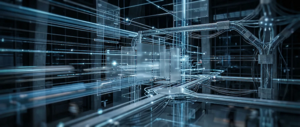 Futuristic digital network with glowing lines and transparent data panels representing supply chain risk and resilience.