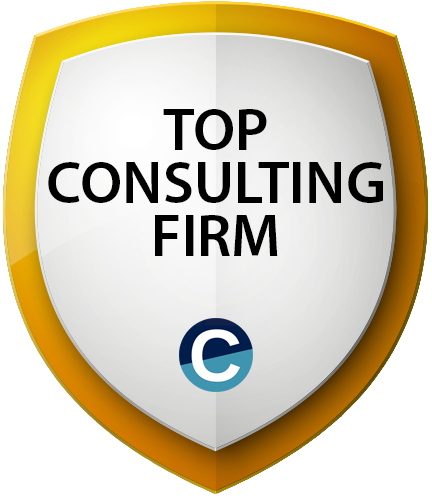 A gold shield badge with the text "TOP CONSULTING FIRM" and a blue circular logo at the bottom center.