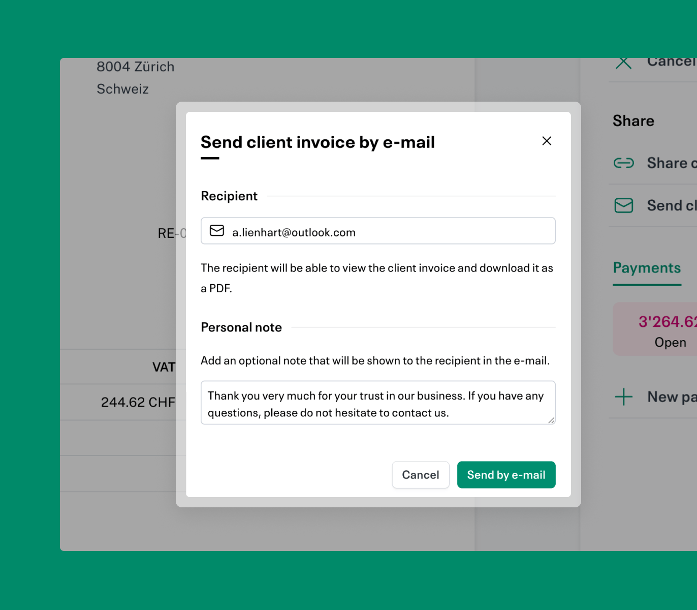 send invoice per mail in infinity