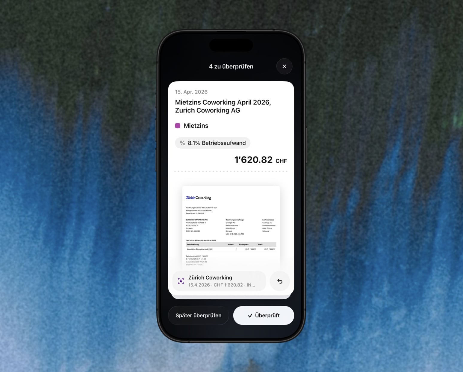 Smartphone zeigt Buchhaltungs-App mit Mietzinsrechnung für April 2026 von Zürich Coworking, Betrag 1620.82 CHF.