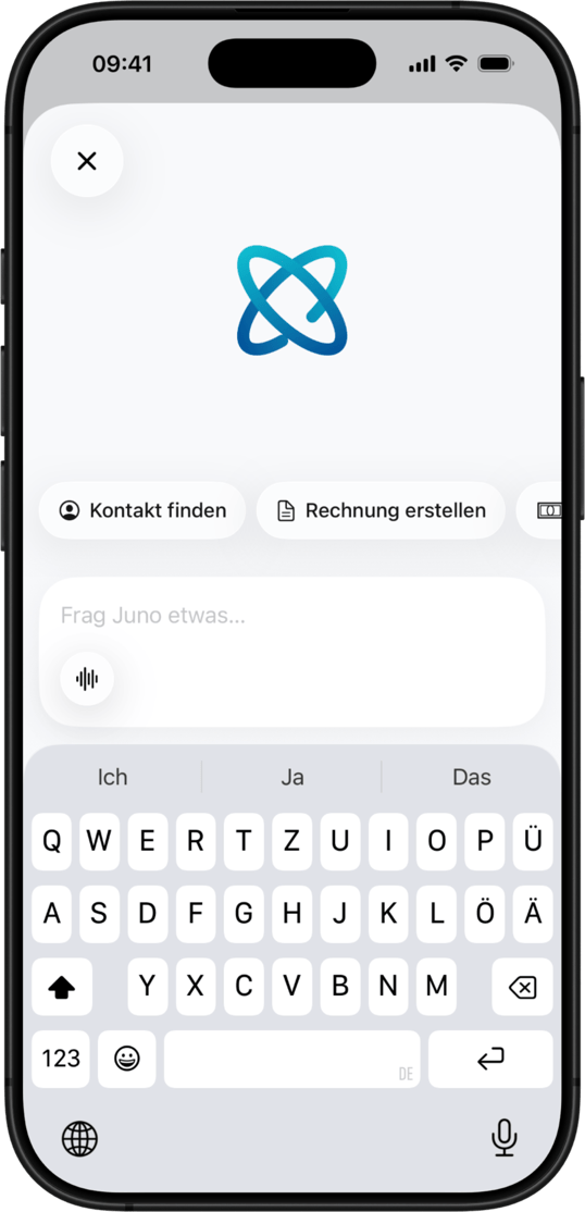 Smartphone zeigt Juno App mit Optionen Kontakt finden und Rechnung erstellen, darunter deutsche Tastatur.