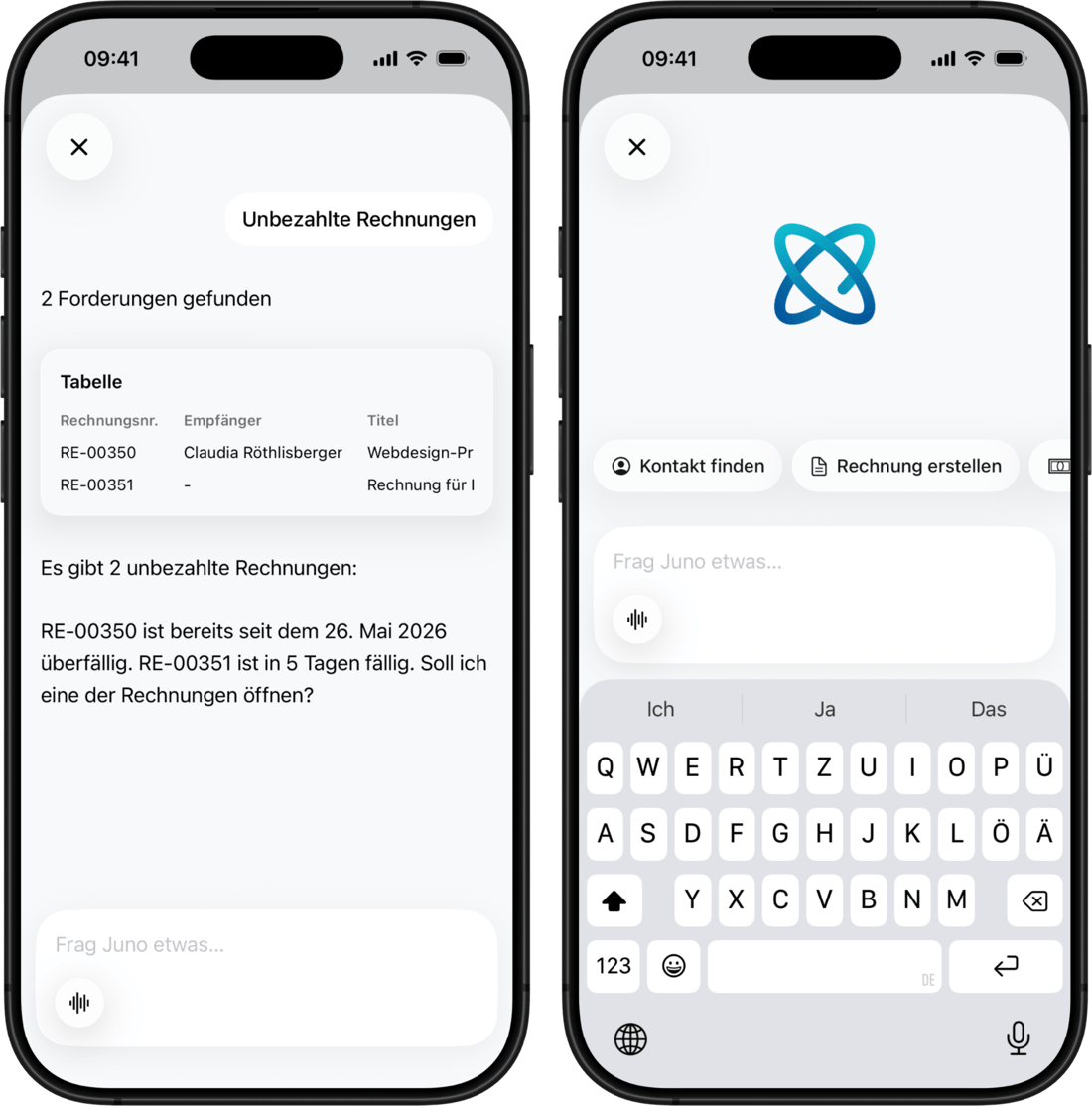 Zwei Smartphones zeigen eine App mit unbezahlten Rechnungen und Juno Chat-Interface auf Deutsch.