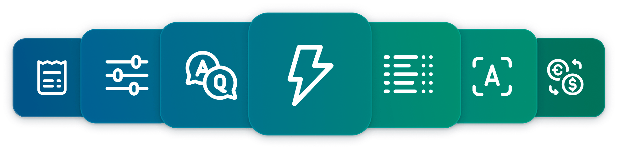Sieben quadratische Symbole mit weißen Icons: Rechnung, Einstellungen, Q&A, Blitz, Liste, Texterkennung, Währungstausch.