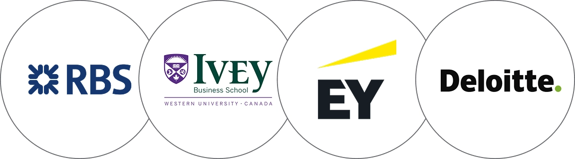Four circular logos side by side: RBS, Ivey Business School Western University Canada, EY with yellow triangle, and Deloitte with green dot.