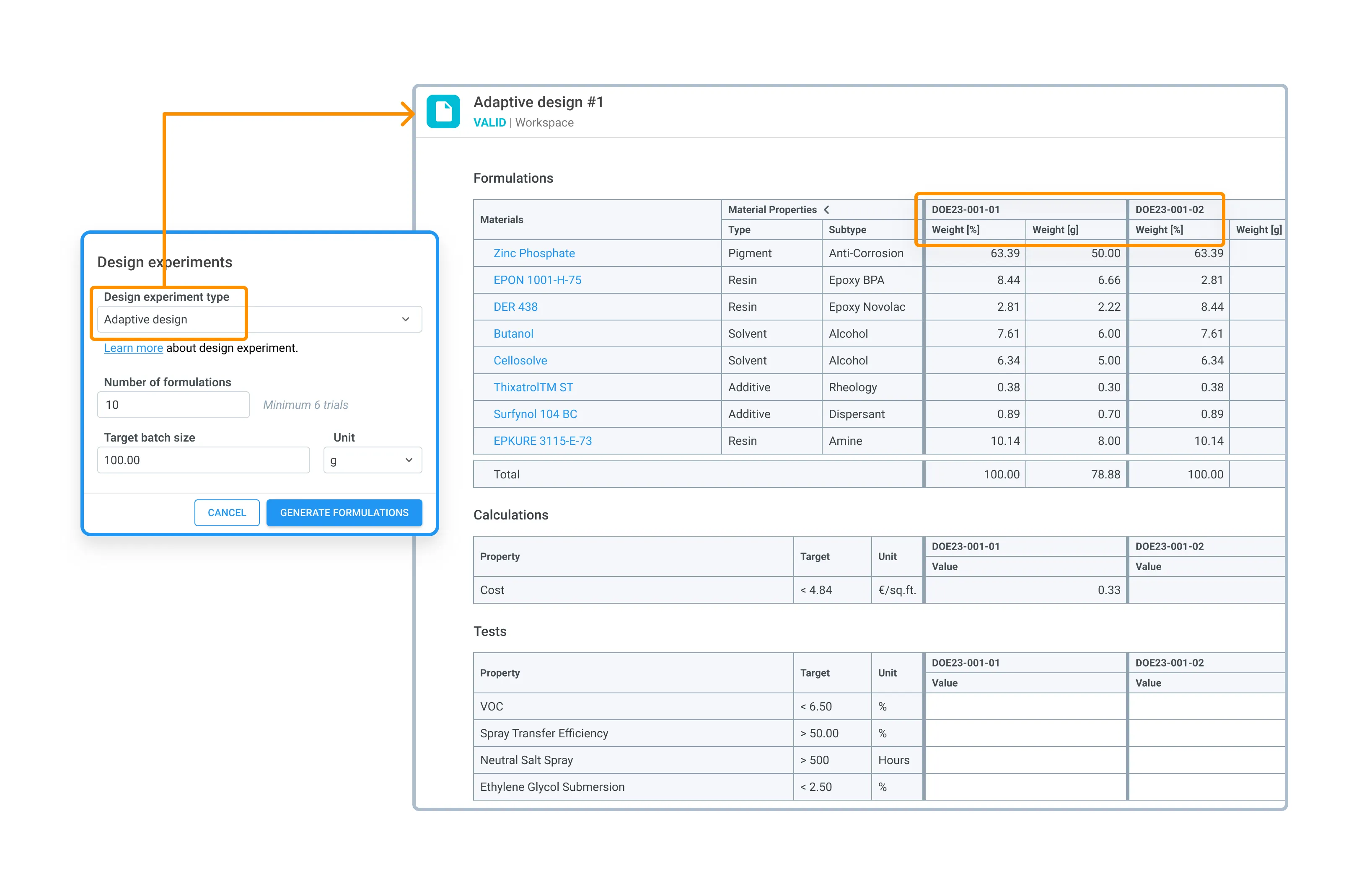 Adapt your experimental design in real time as data comes in - Alchemy’s adaptive DOE automatically generates optimized formulation trials with full material weights and property targets, so your team can dynamically refine the design space and converge on the best formula without restarting the study from scratch