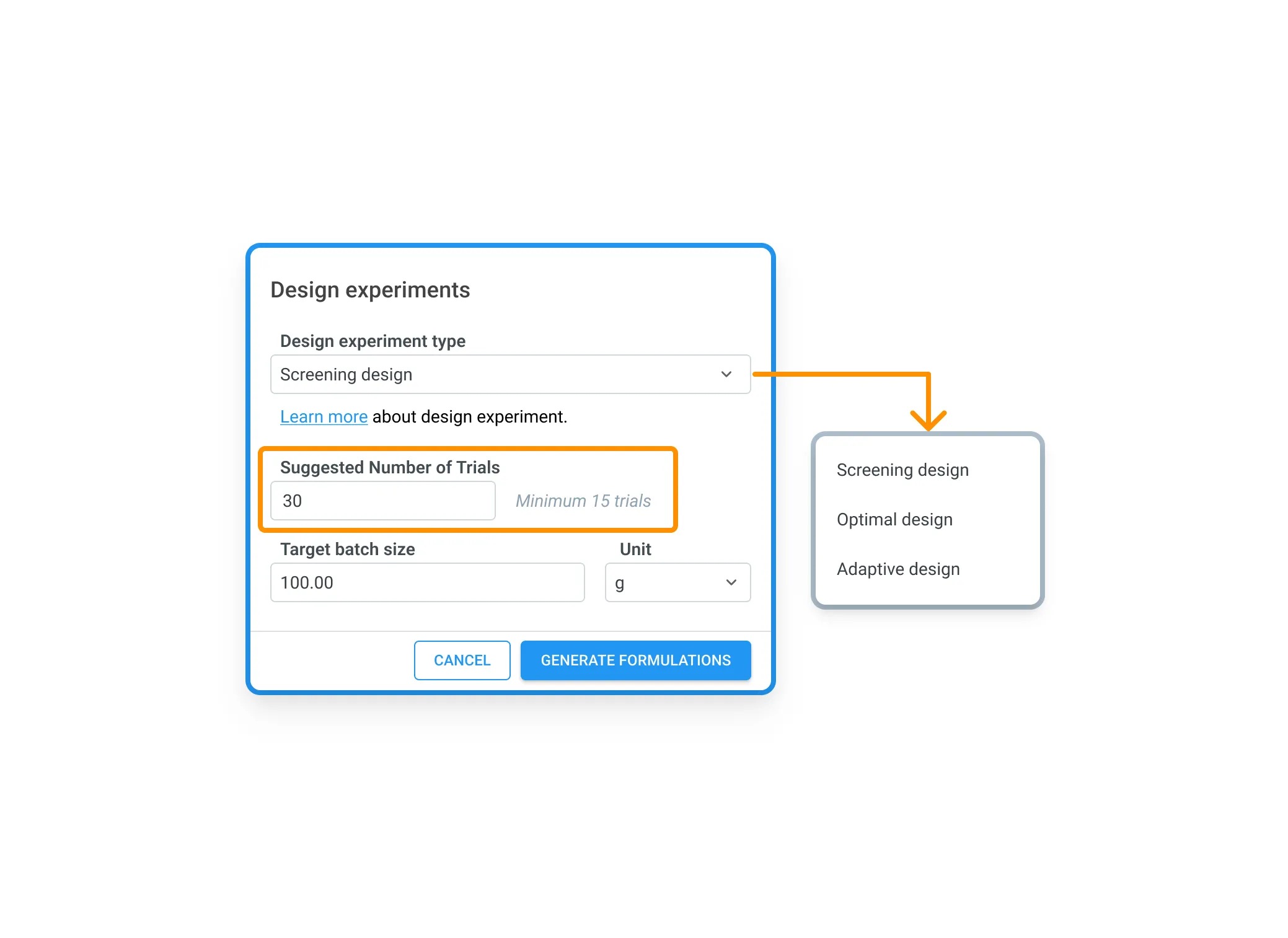 Choose the right experimental strategy for every stage of development — Alchemy’s Design Experiments interface lets scientists select from Screening, Optimal, or Adaptive design types, set the number of trials and target batch size, then instantly generate a statistically sound set of formulations to run