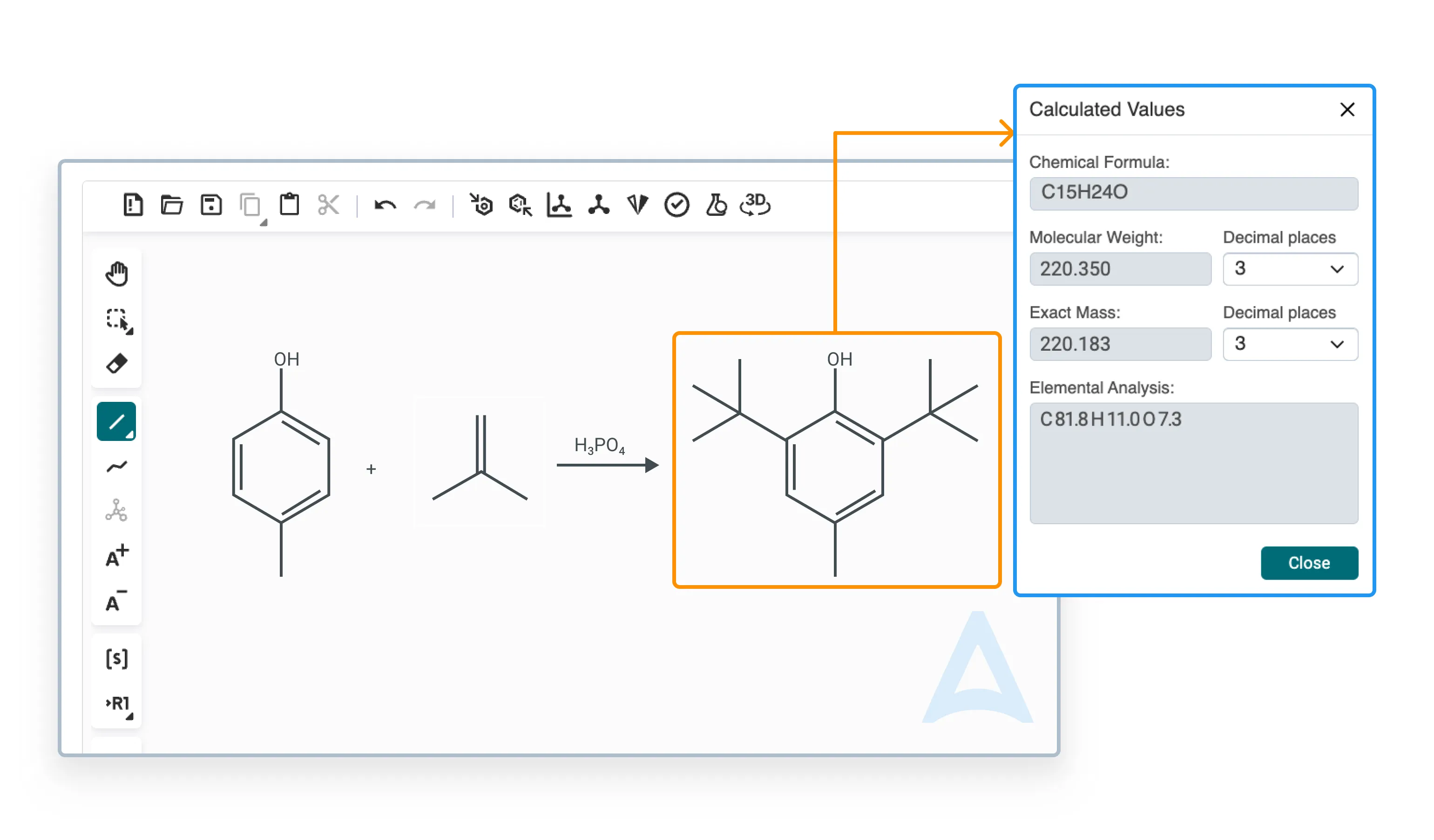Draw full reaction schemes and instantly get calculated values for synthesis optimization - Alchemy’s editor lets scientists map out complete reactions with reactants, reagents, and products, then automatically generates Chemical Formula, Molecular Weight, Exact Mass, and Elemental Analysis for the target compound to support resource planning and synthesis decisions