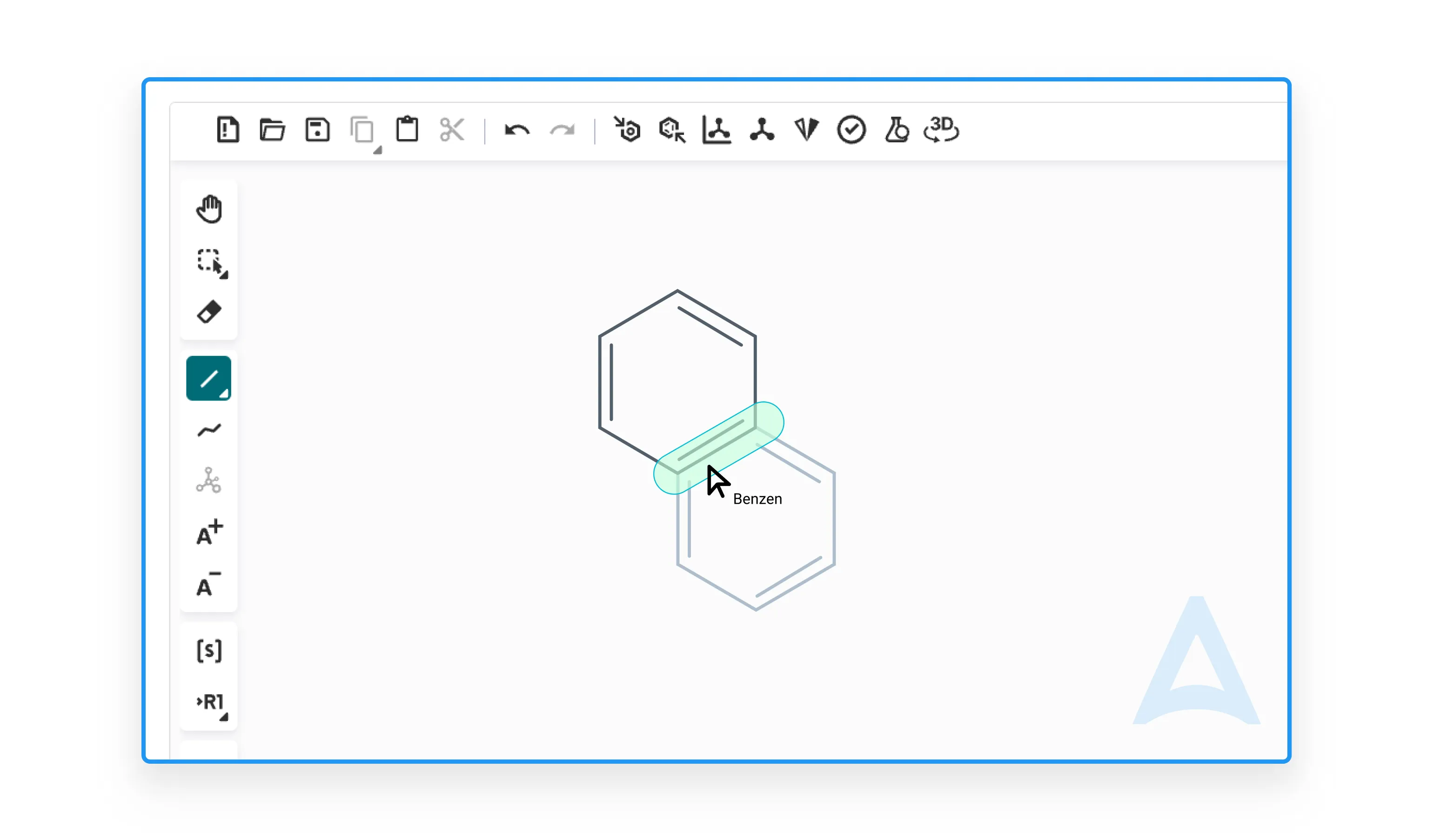 Draw and edit chemical structures with a full-featured in-platform editor - Alchemy’s Chemical Drawing tool gives scientists a complete toolset including bond drawing, ring building, atom labeling, and undo/redo, so complex molecules like fused ring systems can be built and refined without leaving the research workflow