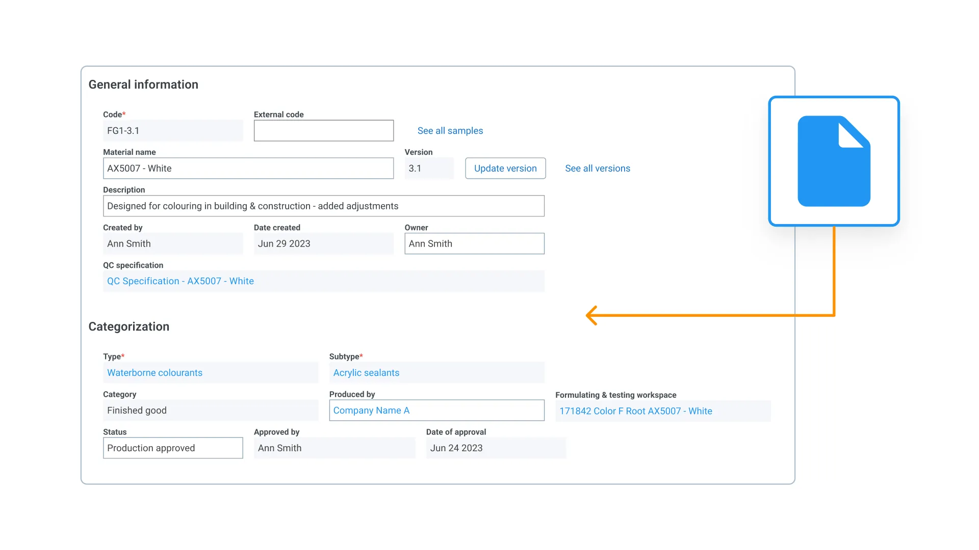 Capture and store complete material records in your ELN - Alchemy lets scientists document every detail of a material including name, version, description, QC specification, category, producer, and approval status in one structured record that links directly to your formulations and workflows