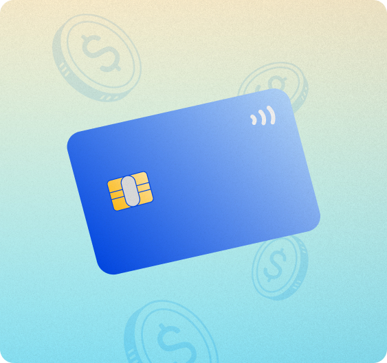 A blue credit card with a dollar symbol in the background