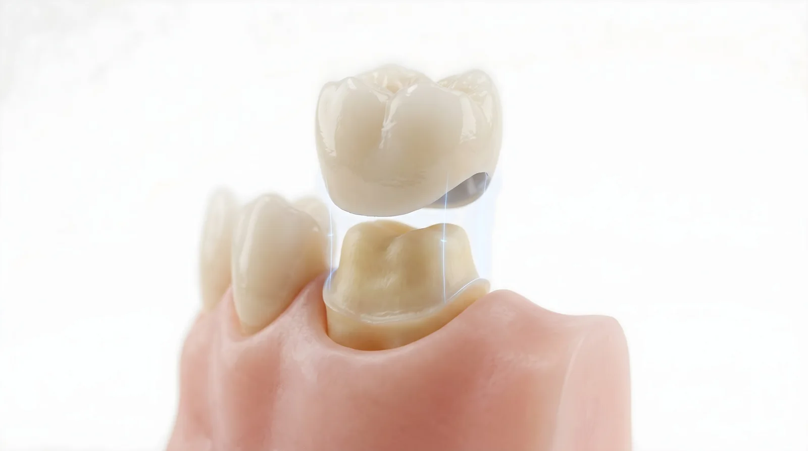 Model showing a porcelain crown being placed over a prepared tooth.