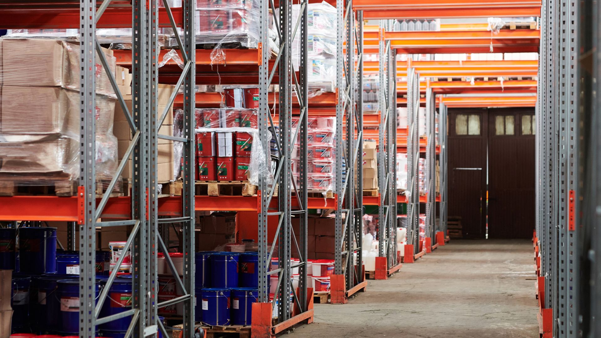 Pallet racking filled with boxes in a distribution warehouse