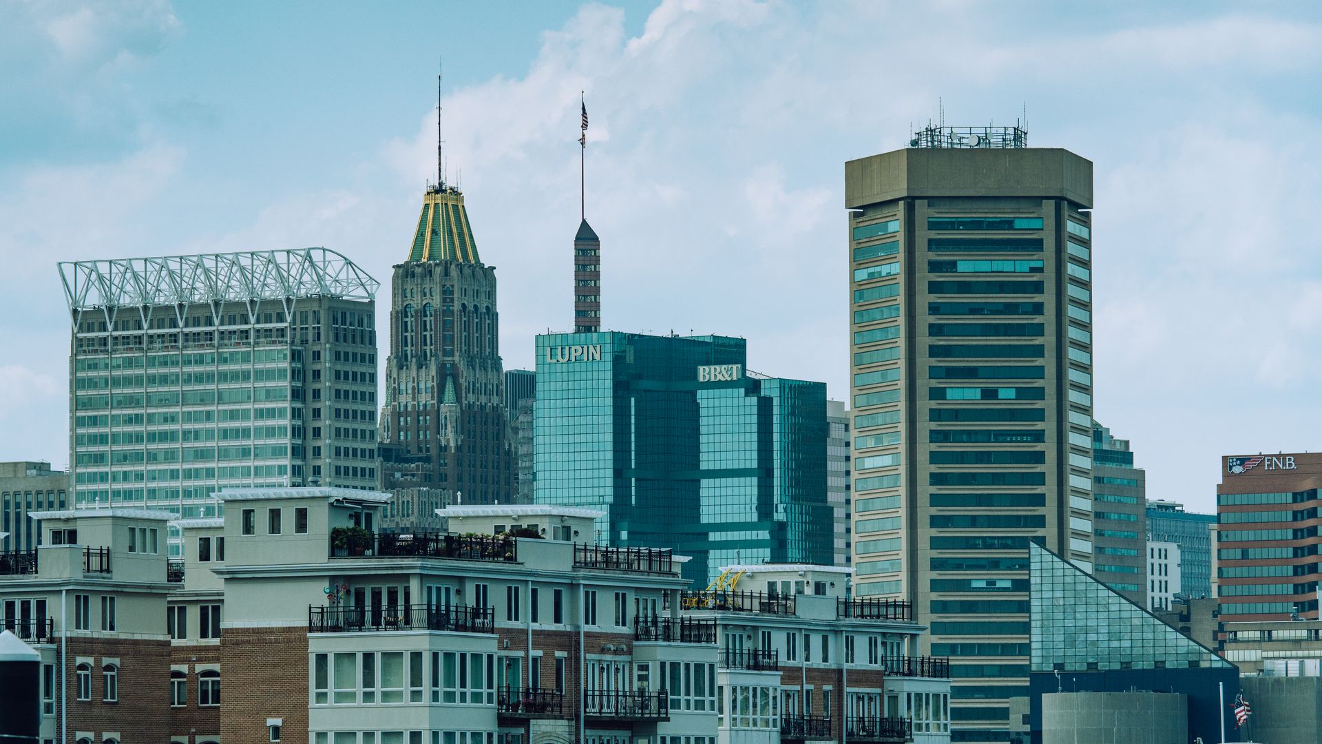 Baltimore city skyline and waterfront on a clear day