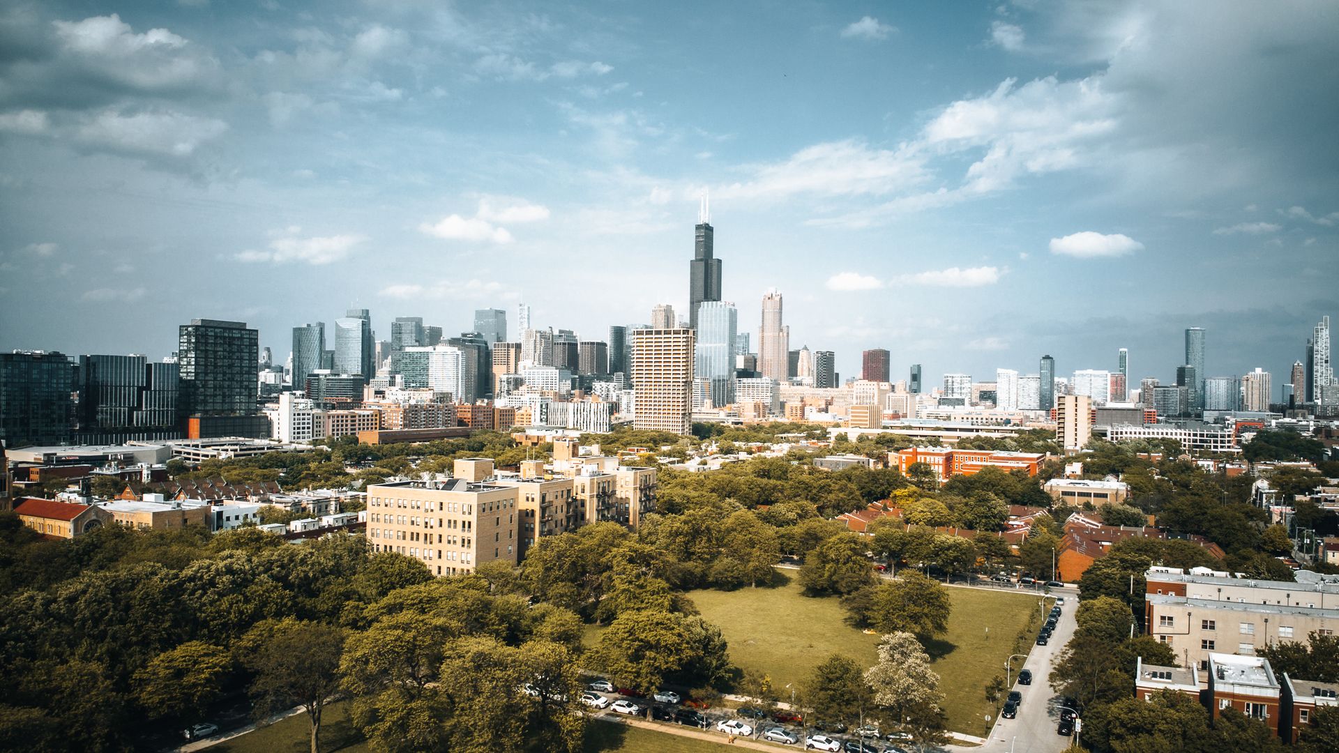 Aerial view of the Chicago downtown skyline along Lake Michigan