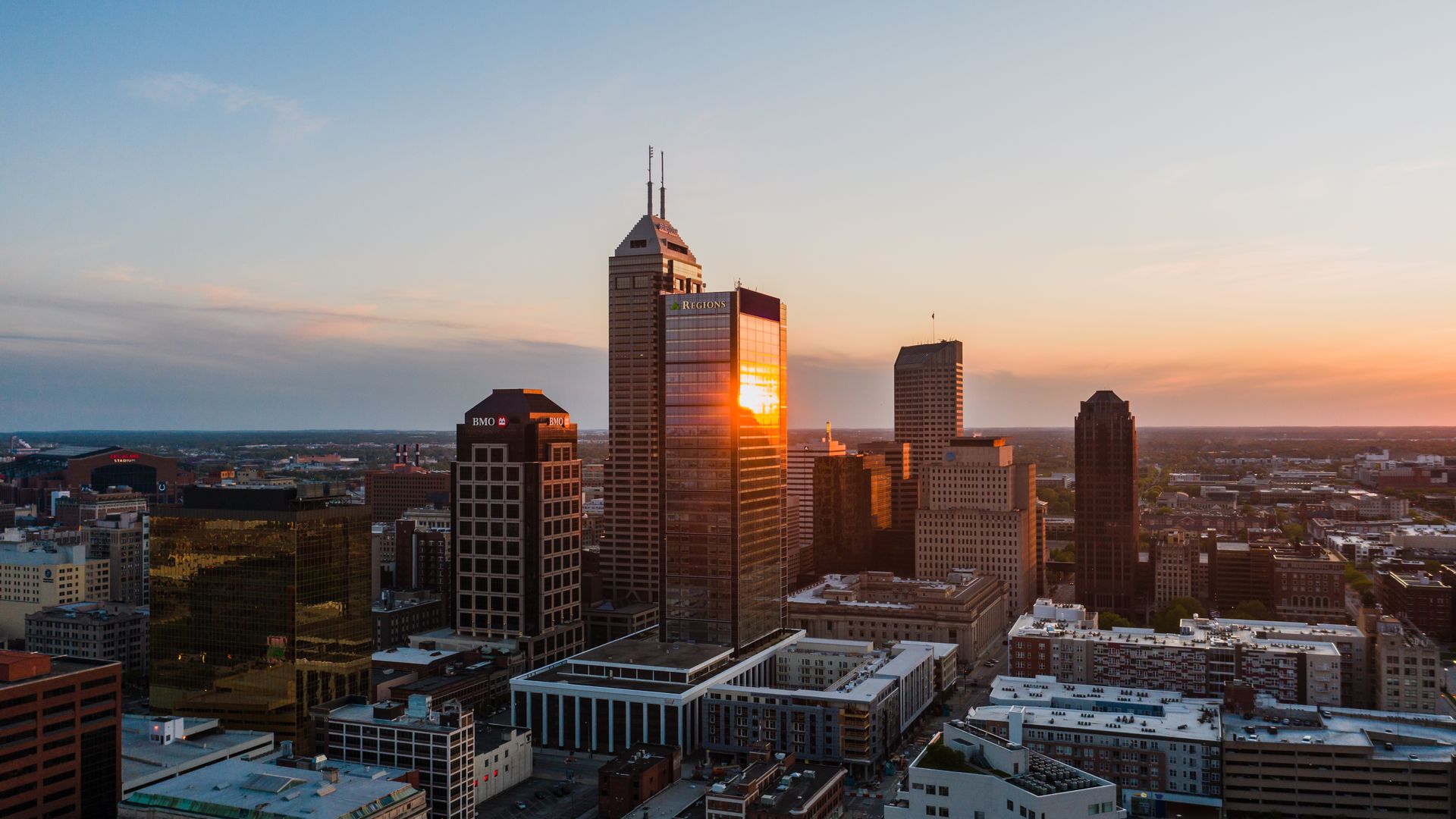 Aerial view of the Indianapolis skyline at sunset
