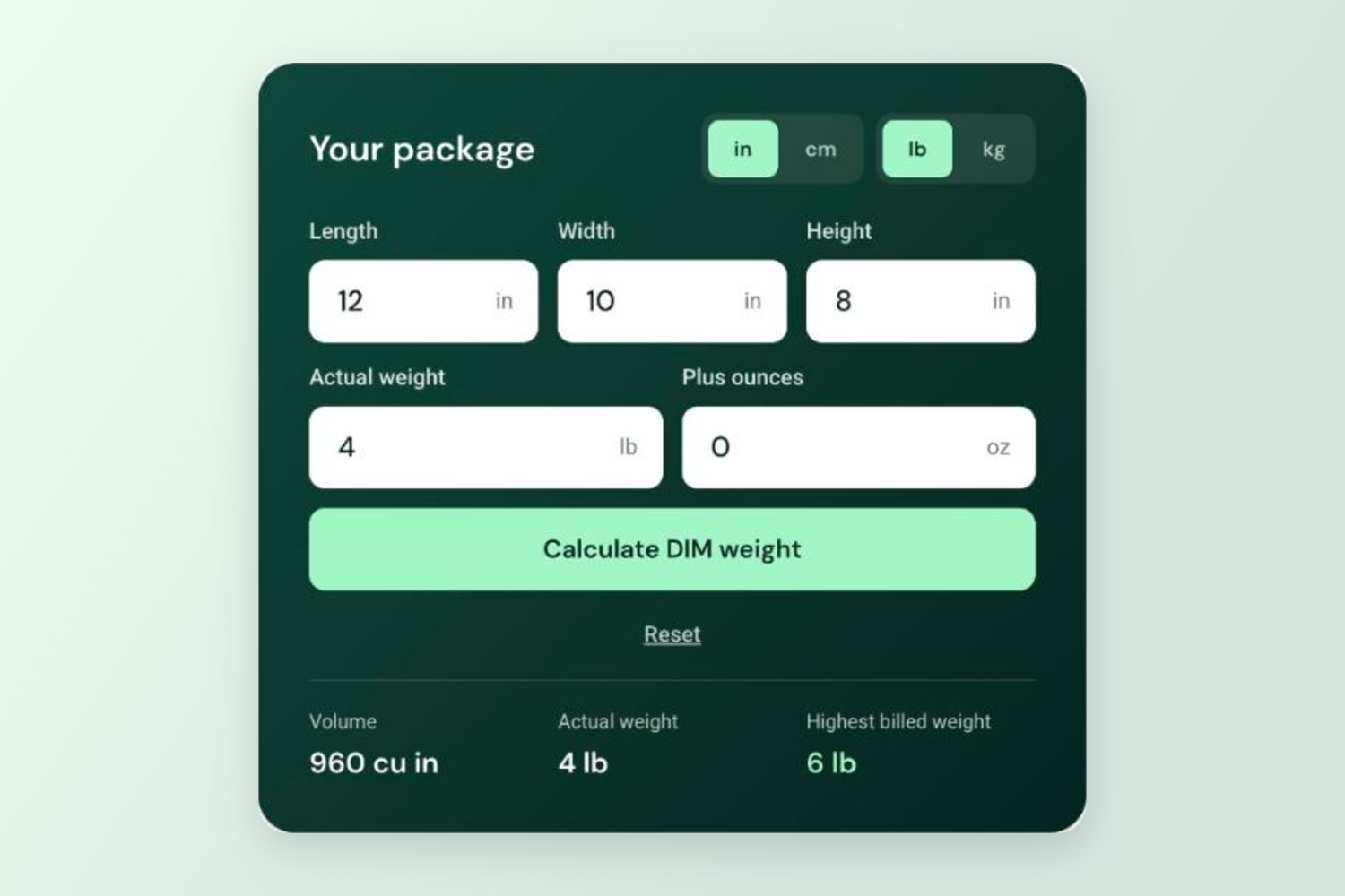 Atomix DIM weight calculator with box dimensions, actual weight and highest billed weight